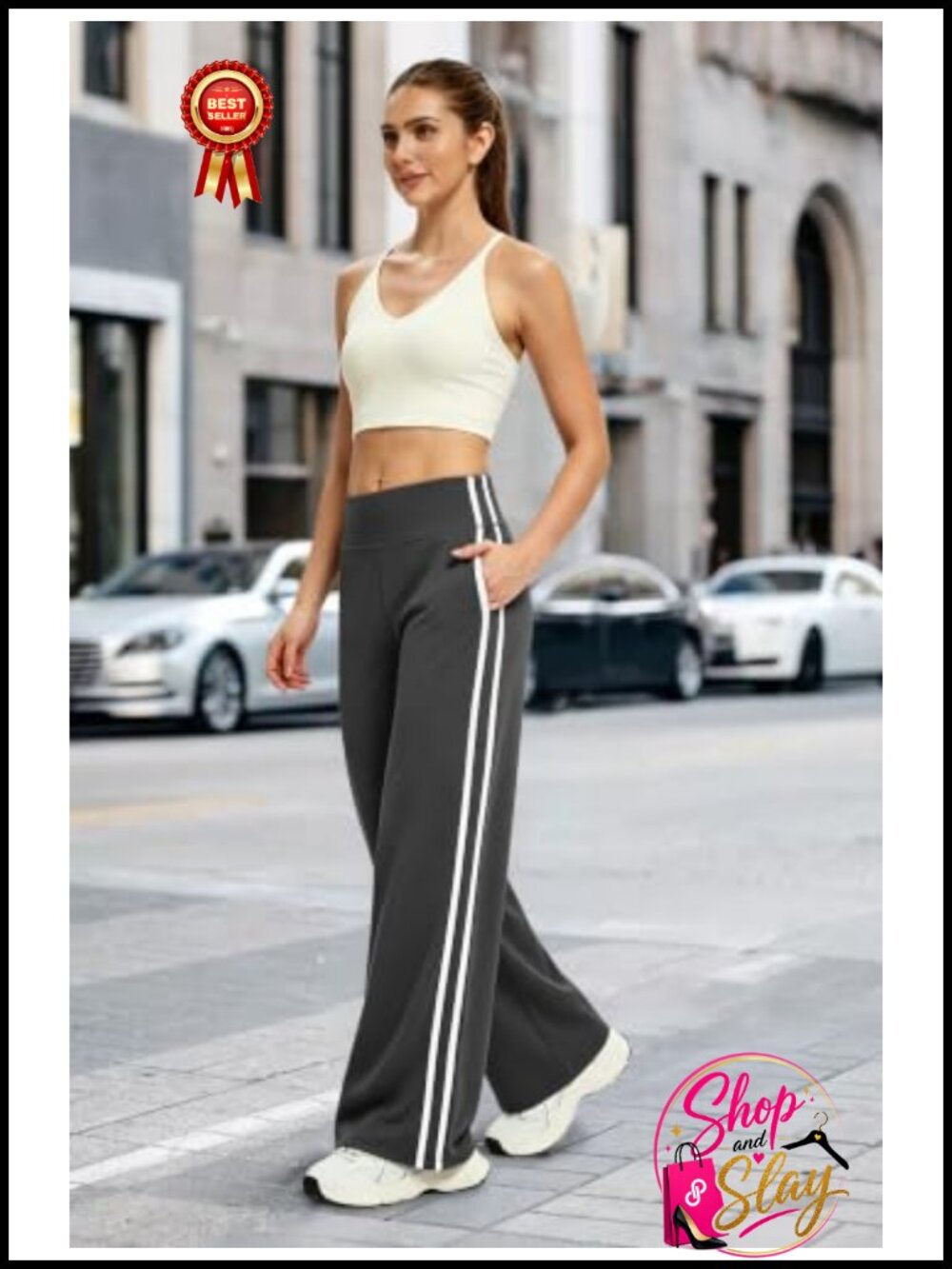 High Waist Wide Leg Track Pants Pockets Casual Athletic Yoga